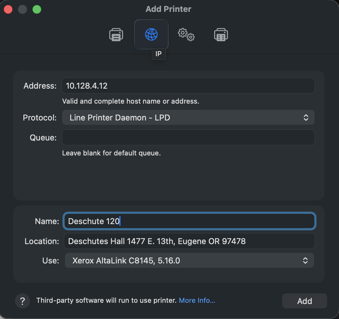 Screenshot: Printer Setup Screen